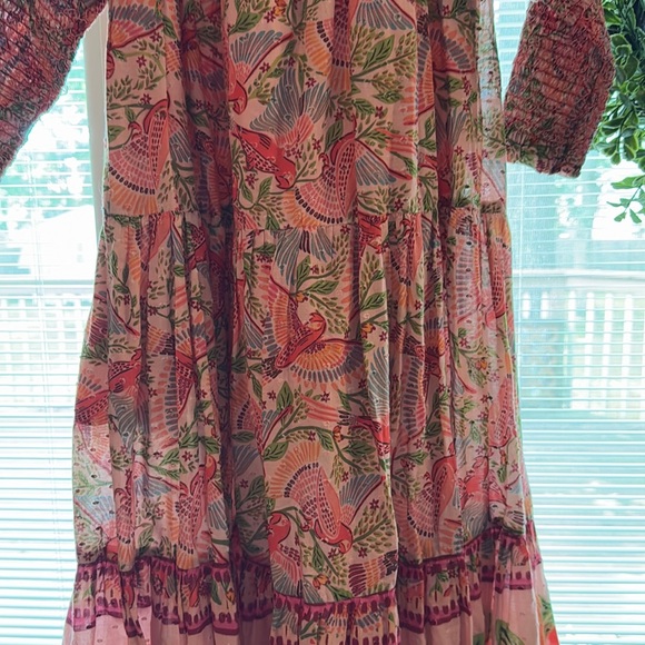 Farm Rio Anthropologie Pink Macaw Flight Smocked Midi Dress - Picture 11 of 13